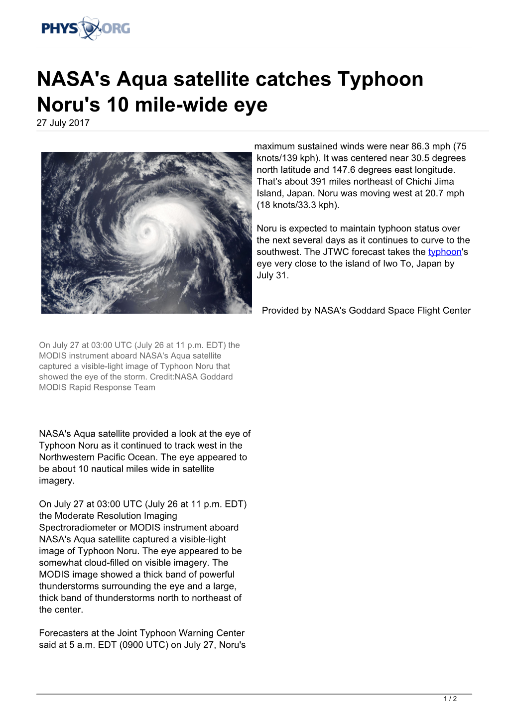 NASA's Aqua Satellite Catches Typhoon Noru's 10 Mile-Wide Eye 27 July 2017