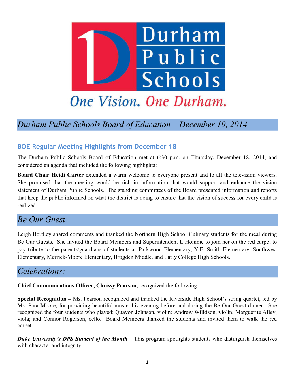 Durham Public Schools Board of Education – December 19, 2014 Be