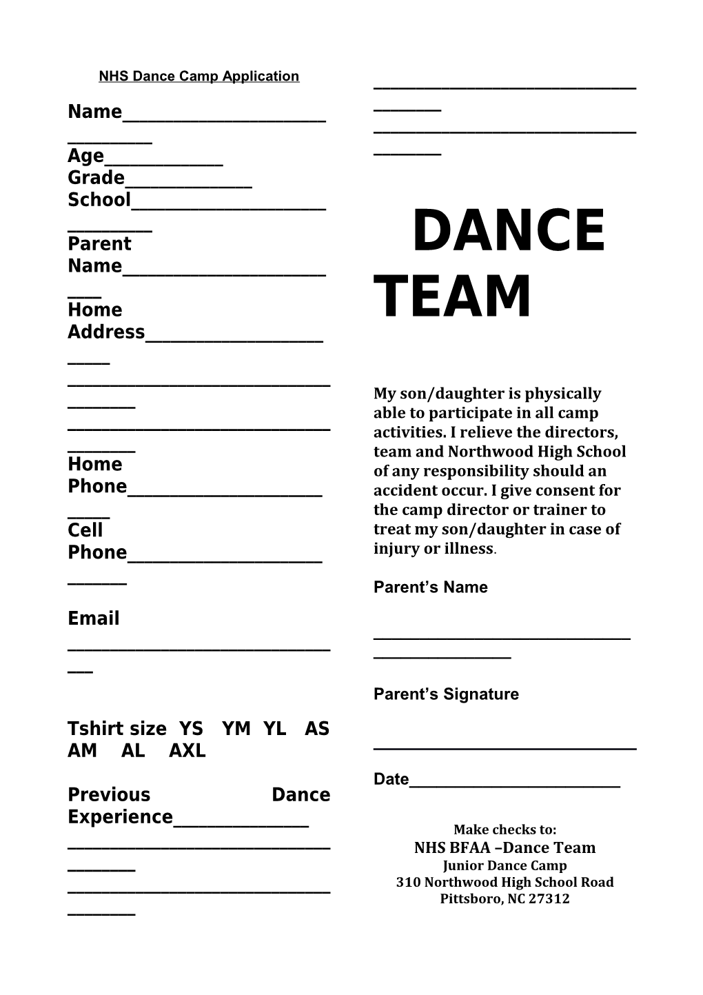NHS Dance Camp Application