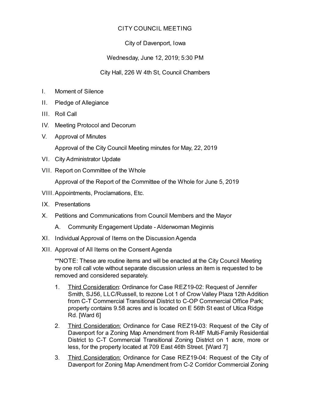 CITY COUNCIL MEETING City of Davenport, Iowa Wednesday, June 12, 2019