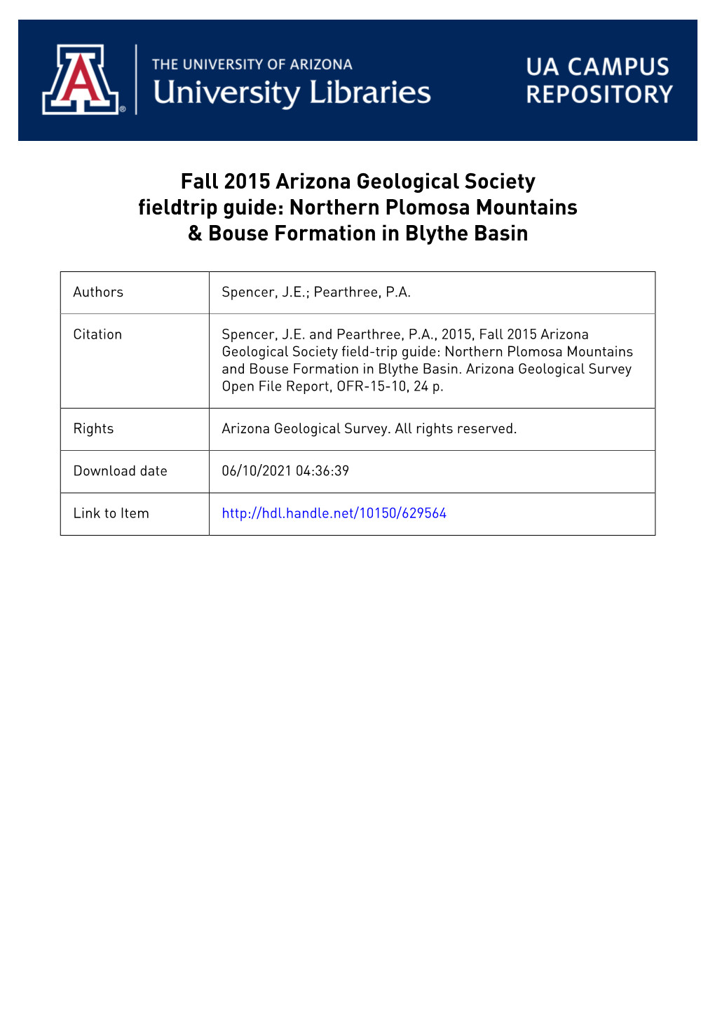 Arizona Geological Survey Open File Report, OFR-15-10, 24 P