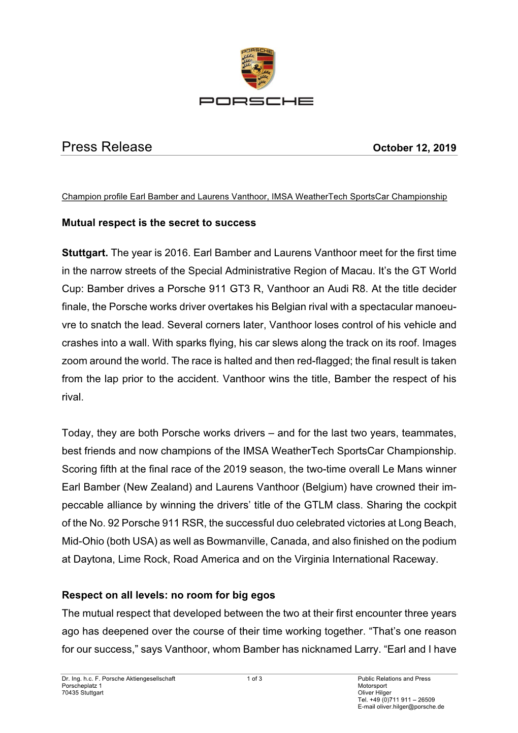 Press Release October 12, 2019
