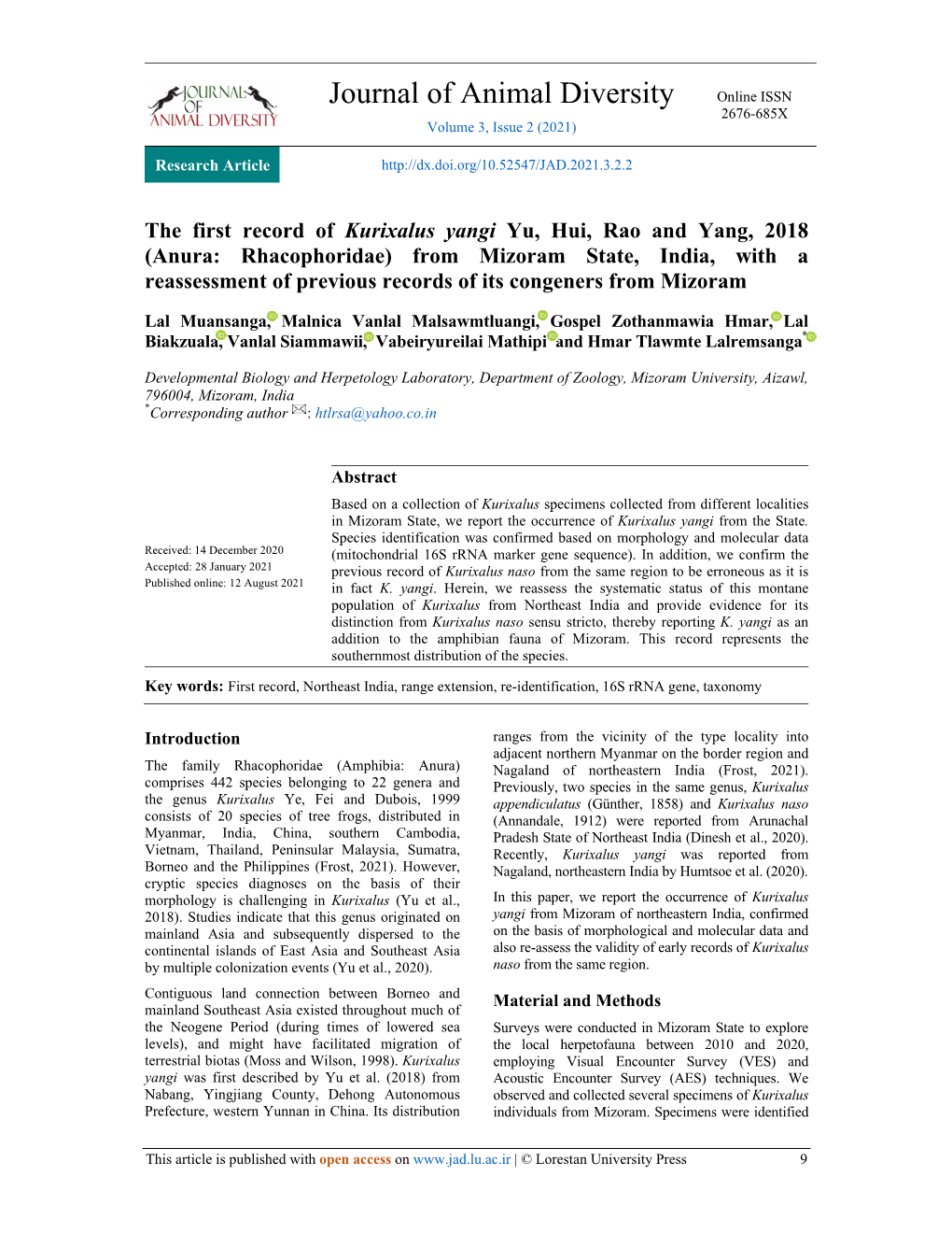 Journal of Animal Diversity Online ISSN 2676-685X Volume 3, Issue 2 (2021)