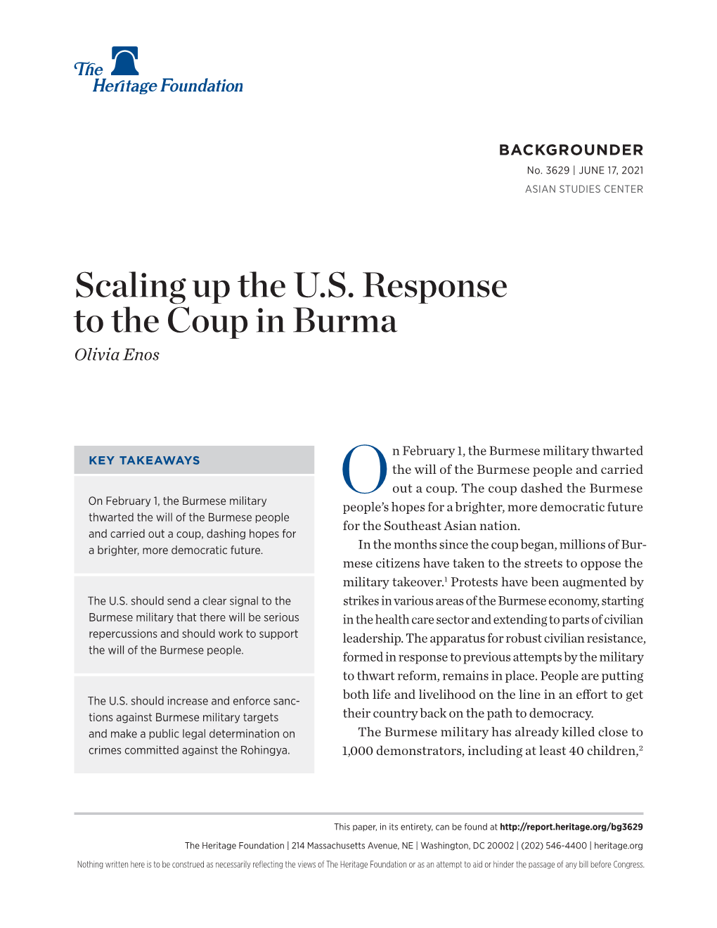 Scaling up the U.S. Response to the Coup in Burma Olivia Enos