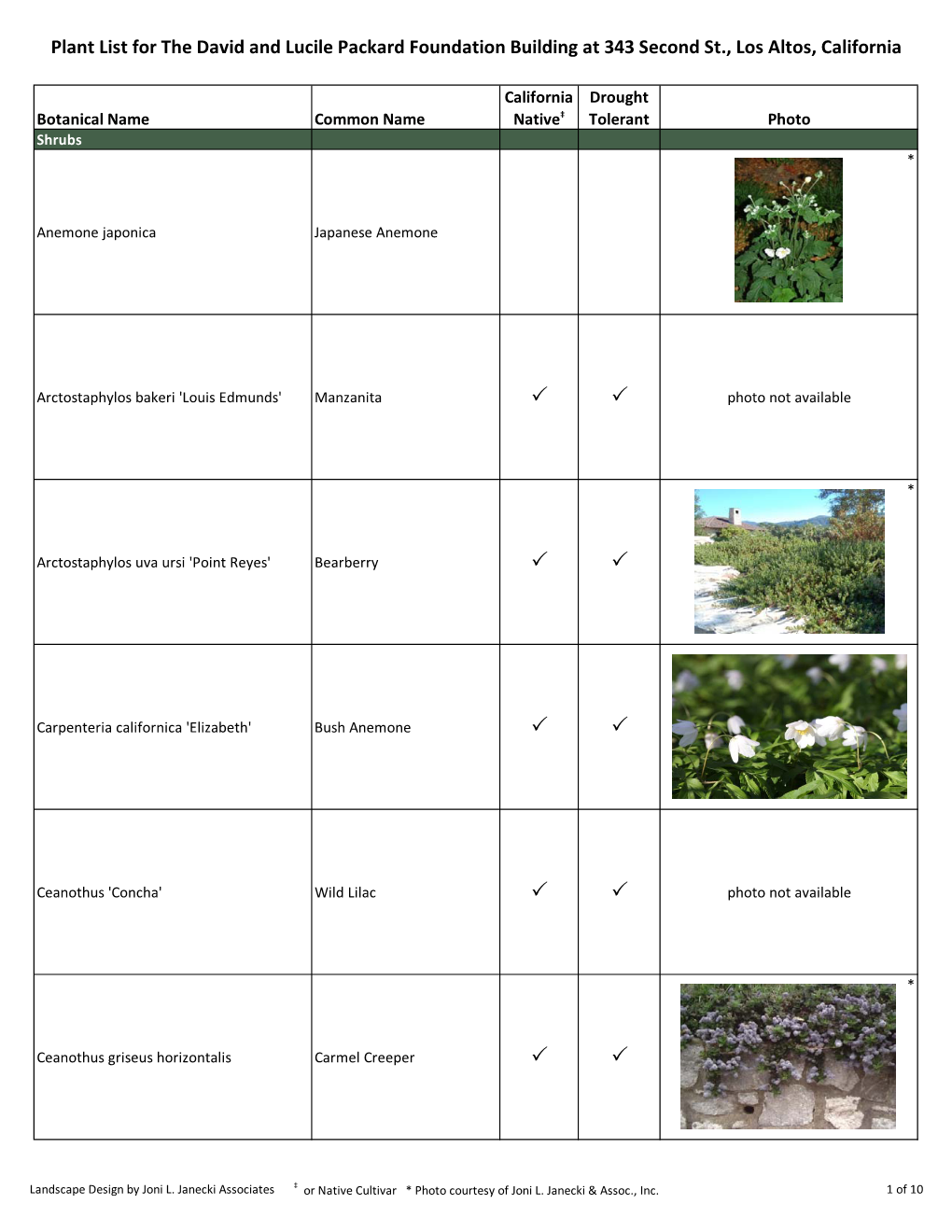 Plant List for the David and Lucile Packard Foundation Building at 343 Second St., Los Altos, California