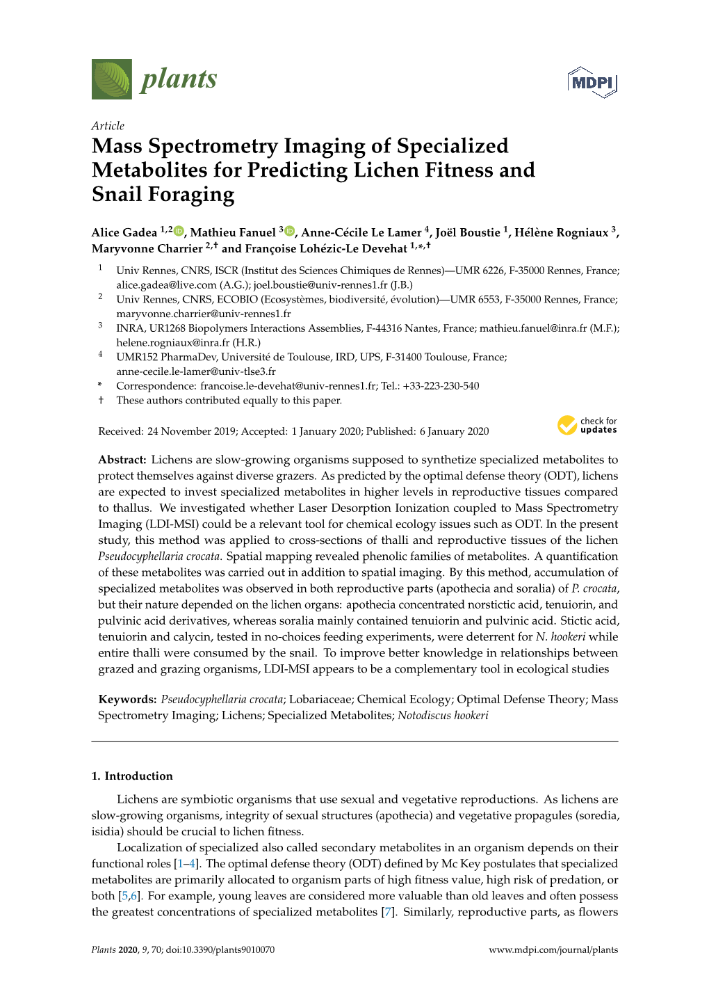Mass Spectrometry Imaging of Specialized Metabolites for Predicting Lichen Fitness and Snail Foraging