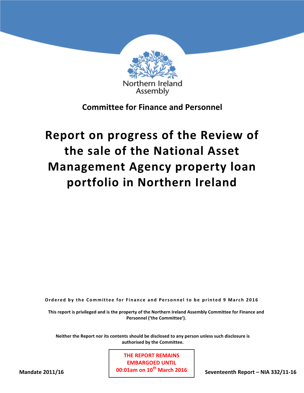 Report on Progress of the Review of the Sale of the National Asset Management Agency Property Loan Portfolio in Northern Ireland