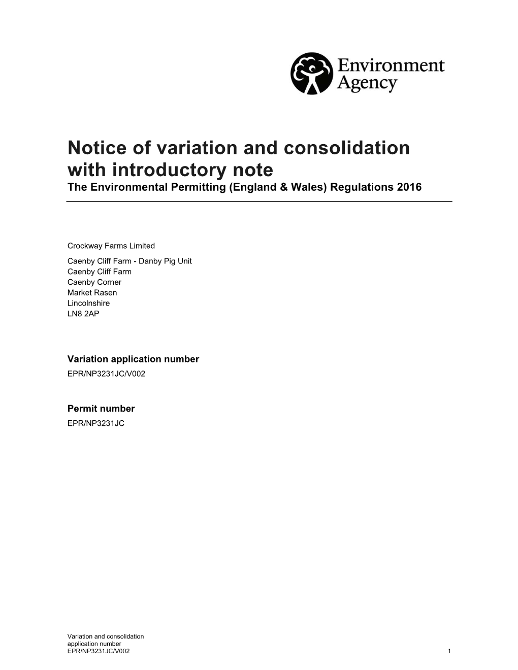 Notice of Variation and Consolidation with Introductory Note the Environmental Permitting (England & Wales) Regulations 2016