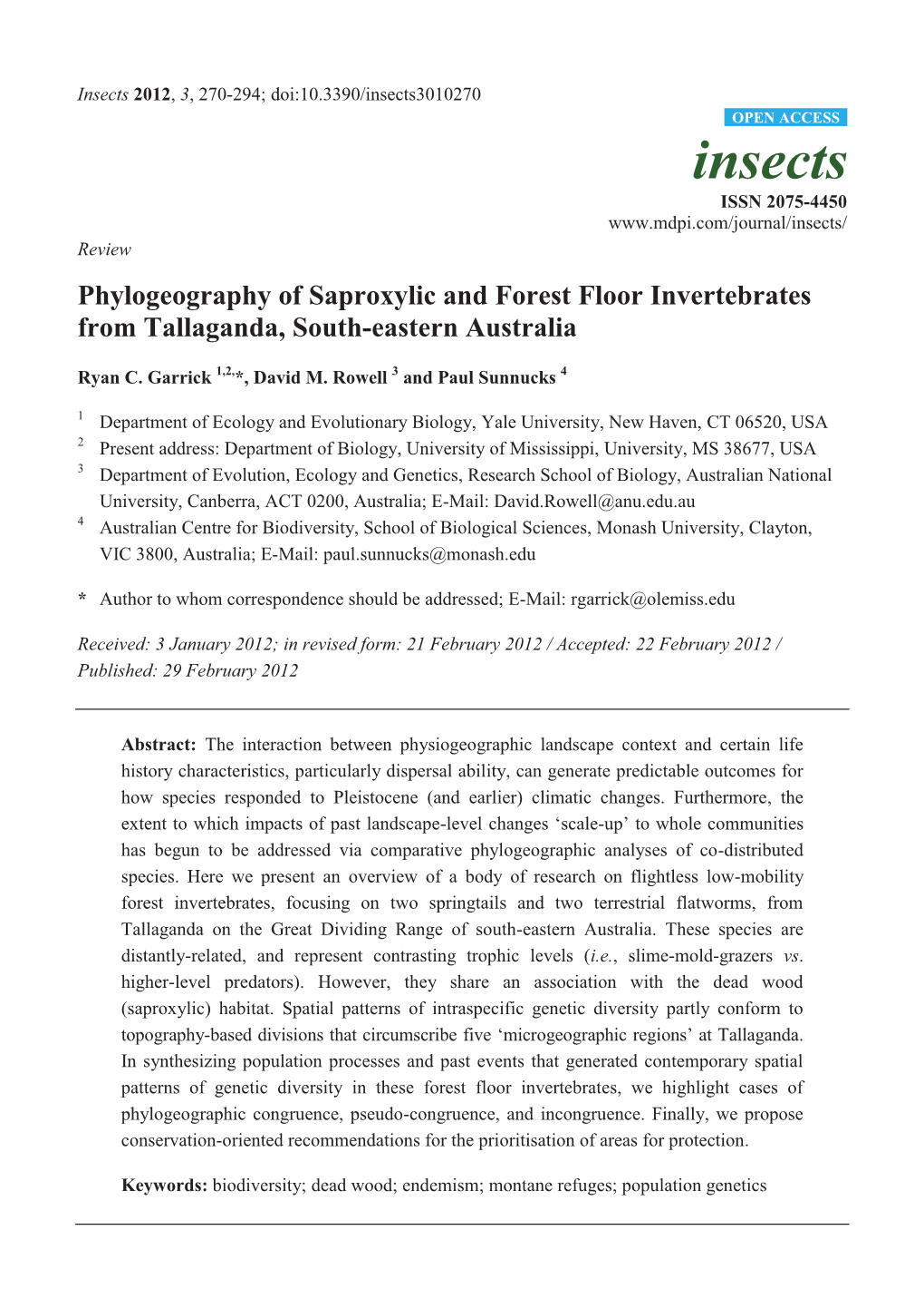 Phylogeography of Saproxylic and Forest Floor Invertebrates from Tallaganda, South-Eastern Australia