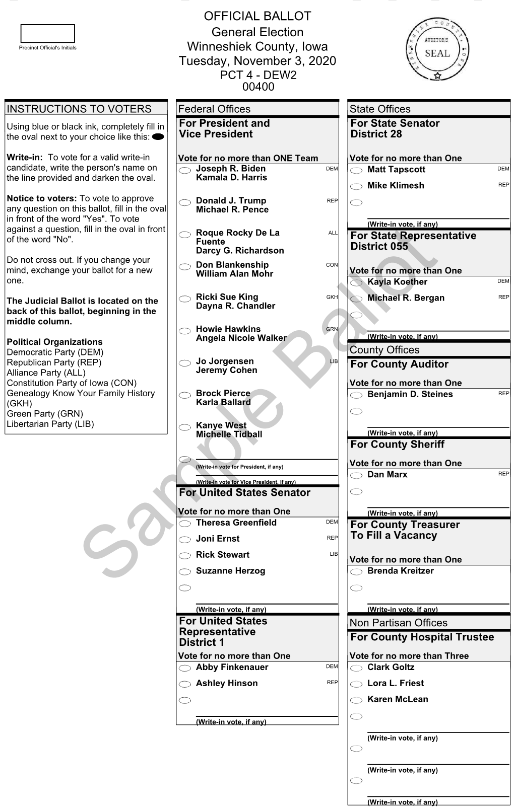 OFFICIAL BALLOT General Election Winneshiek County, Iowa Tuesday