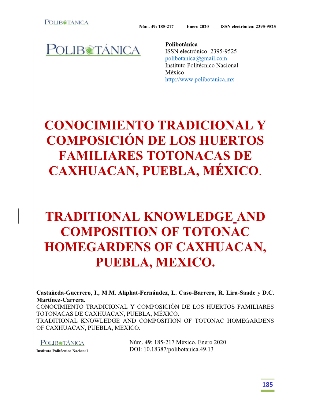 Conocimiento Tradicional Y Composición De Los Huertos Familiares Totonacas De Caxhuacan, Puebla, México
