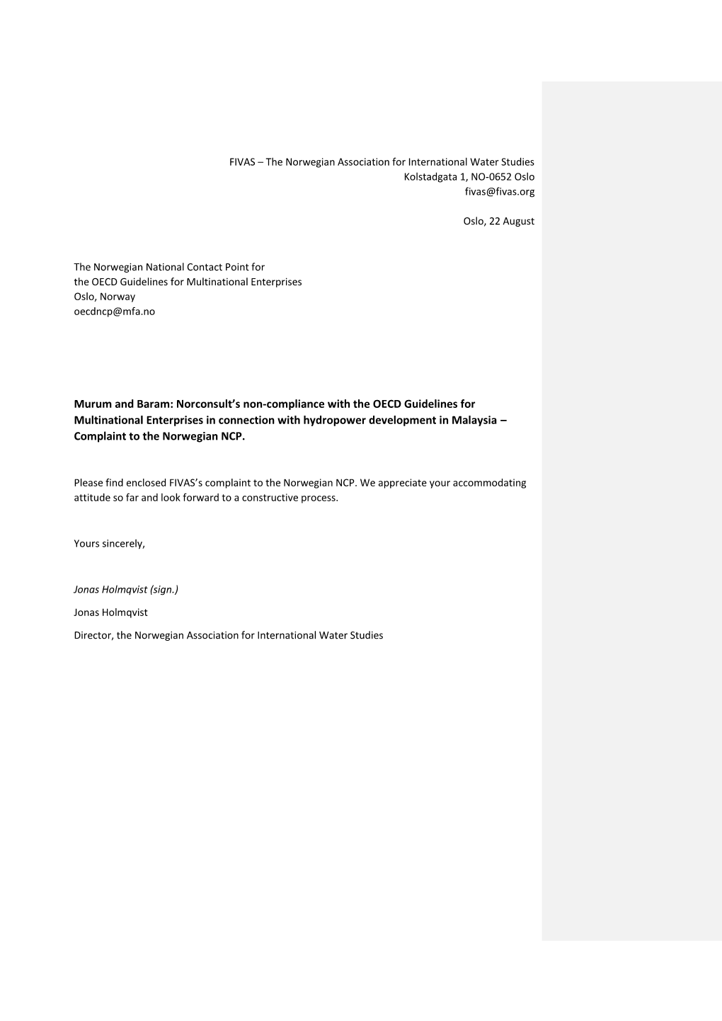 FIVAS's Complaint to the Norwegian NCP