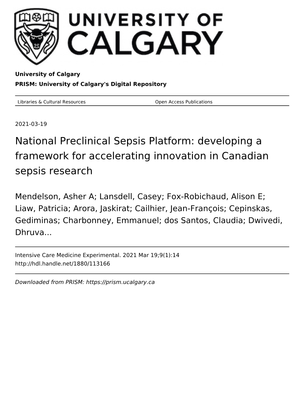 National Preclinical Sepsis Platform: Developing a Framework for Accelerating Innovation in Canadian Sepsis Research