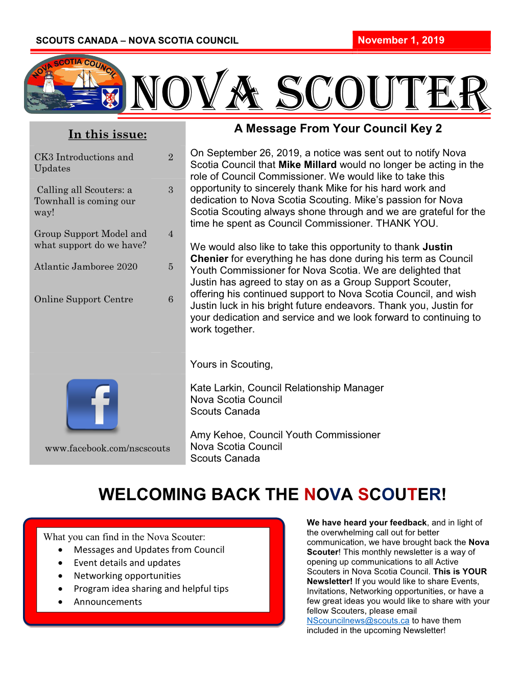 NOVA SCOTIA COUNCIL November 1, 2019 NOVA SCOUTER in This Issue: a Message from Your Council Key 2