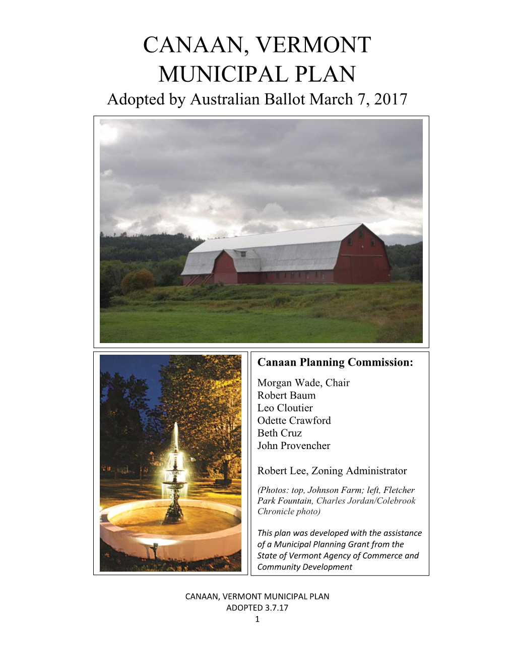 CANAAN, VERMONT MUNICIPAL PLAN Adopted by Australian Ballot March 7, 2017