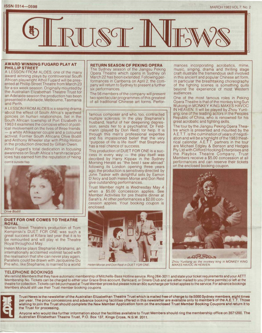 Trust News Is the Newsletter of the Australian Elizabethan Theatre Trust Which Is Mailed Free of Charge to Its 5000 Sydney Members, Eight Times Per Year