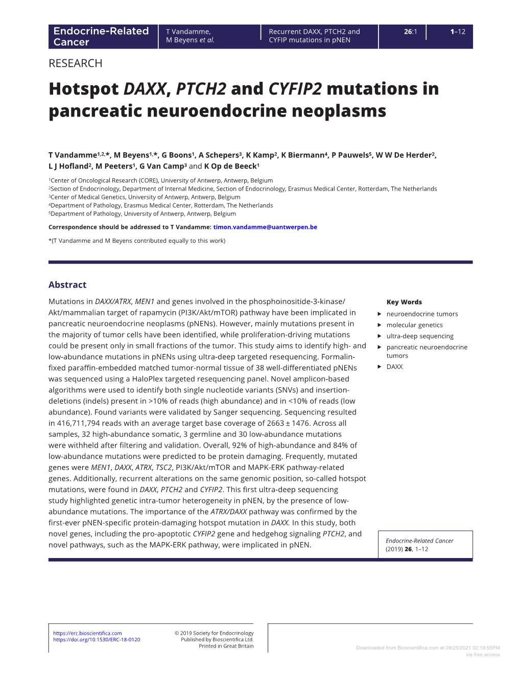 Hotspot DAXX, PTCH2 and CYFIP2 Mutations in Pancreatic Neuroendocrine Neoplasms
