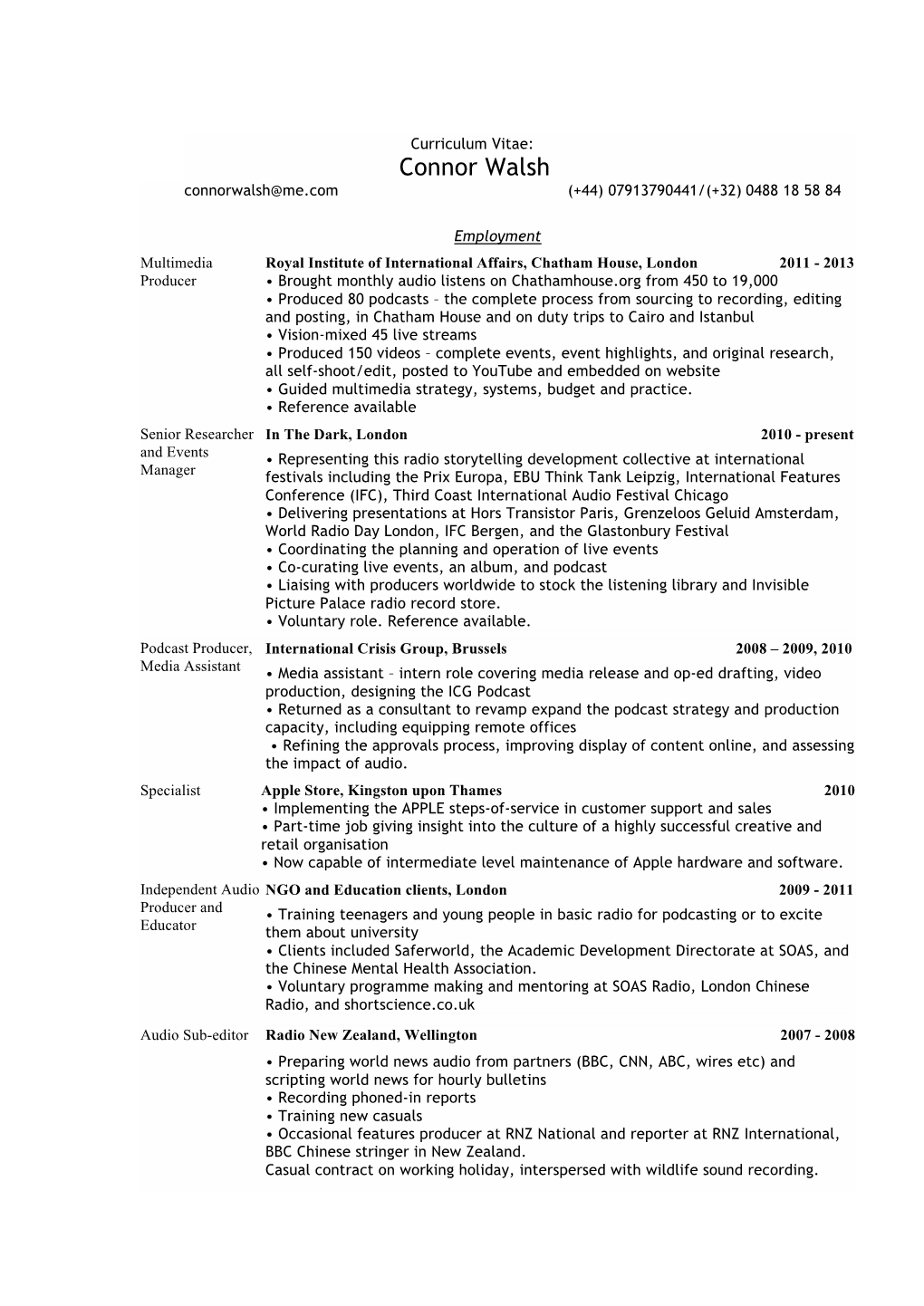 CV and Rate Card Connor Walsh Audio Production