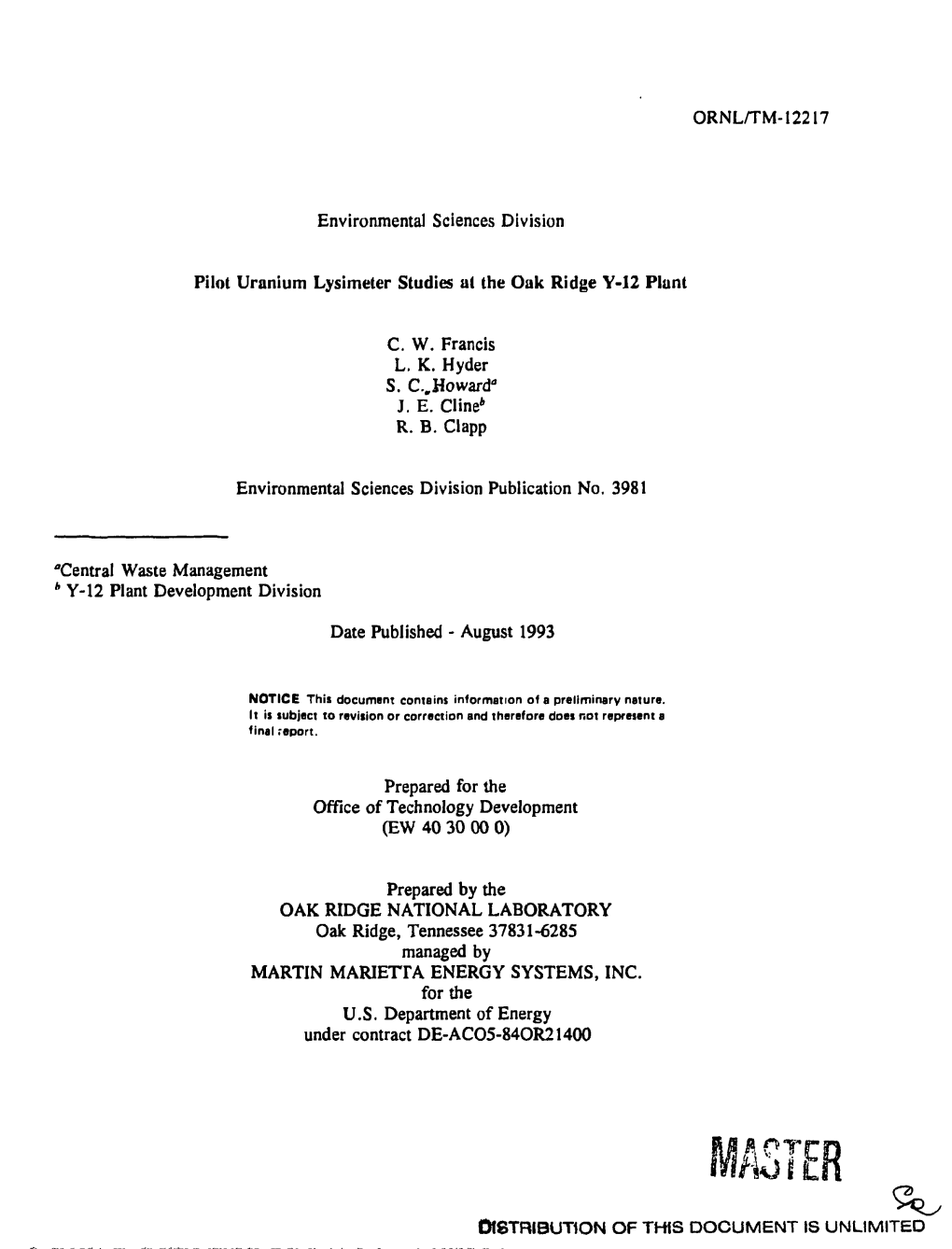 ORNL/TM-12217 Environmental Sciences Division Pilot Uranium