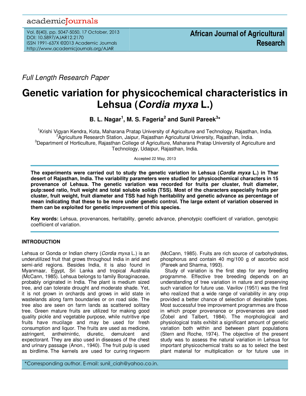 Genetic Variation for Physicochemical Characteristics in Lehsua ( Cordia Myxa L.)