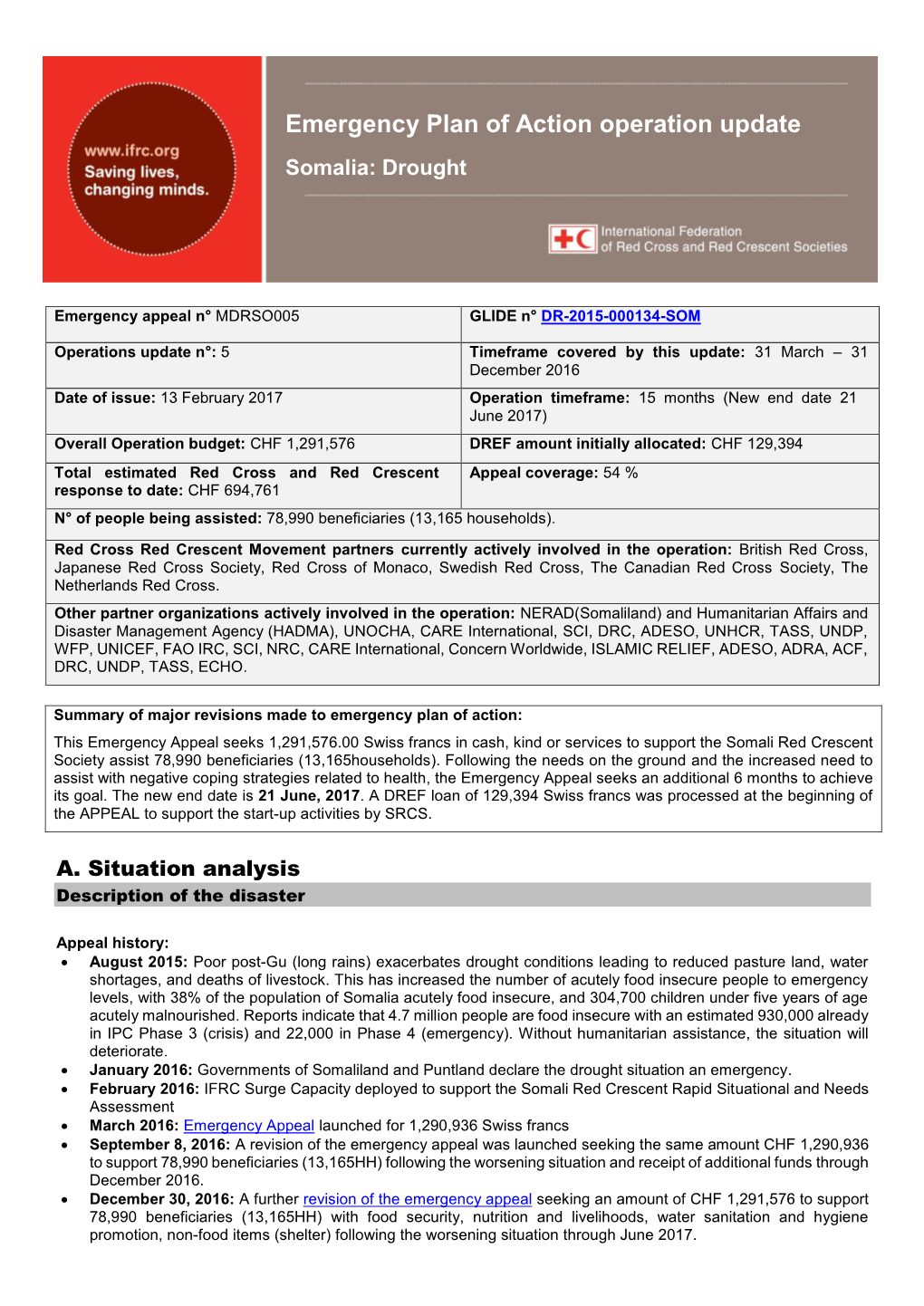 Emergency Plan of Action Operation Update Somalia: Drought