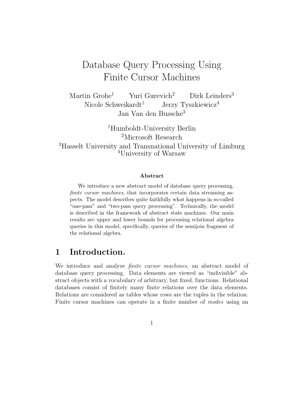 Database Query Processing Using Finite Cursor Machines
