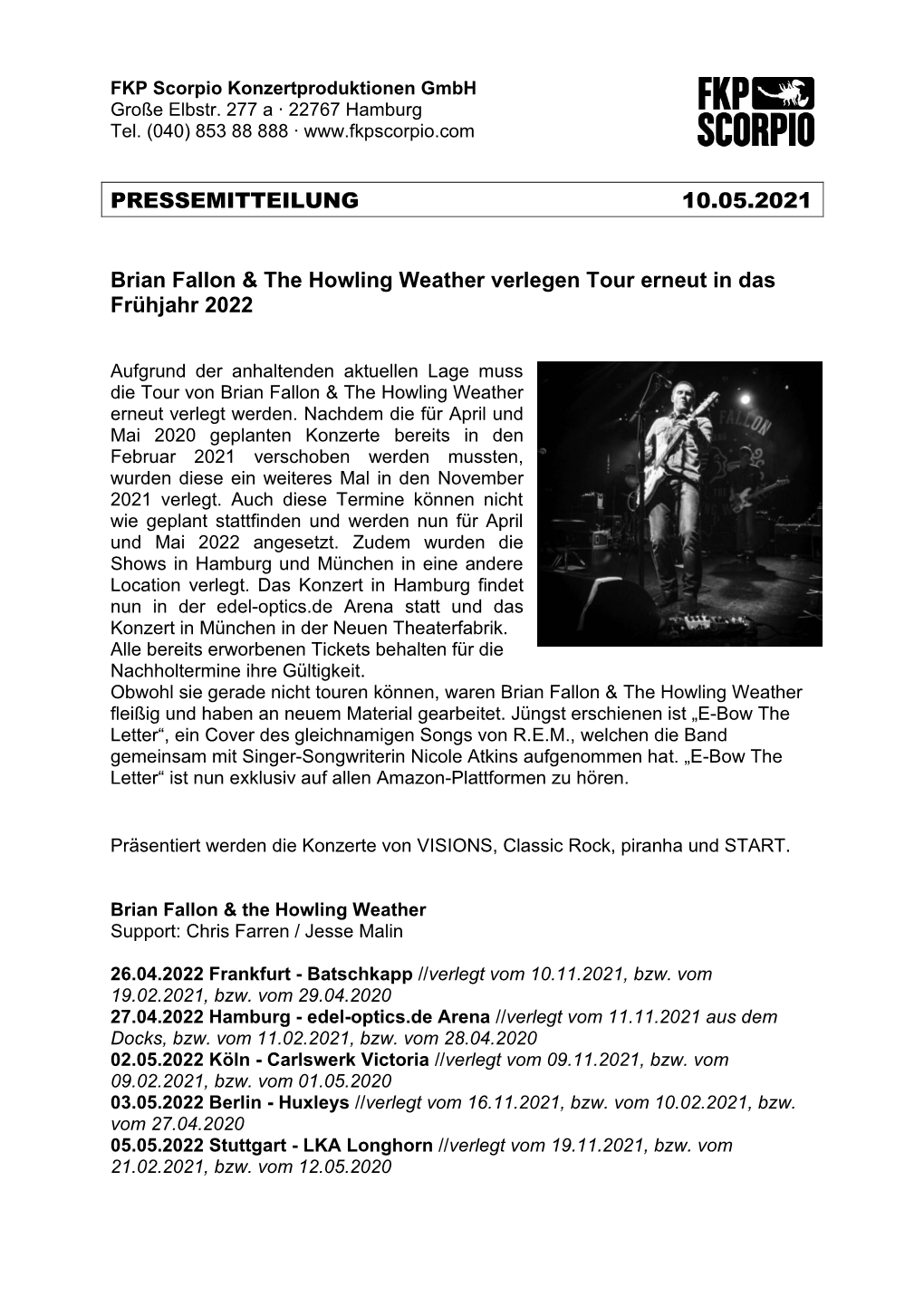 PRESSEMITTEILUNG 10.05.2021 Brian Fallon & the Howling