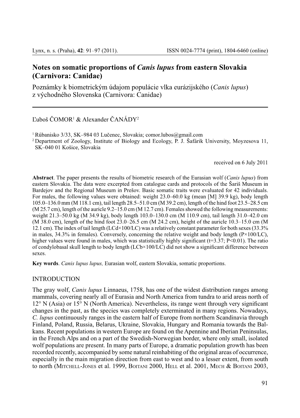 Notes on Somatic Proportions of Canis Lupus from Eastern Slovakia