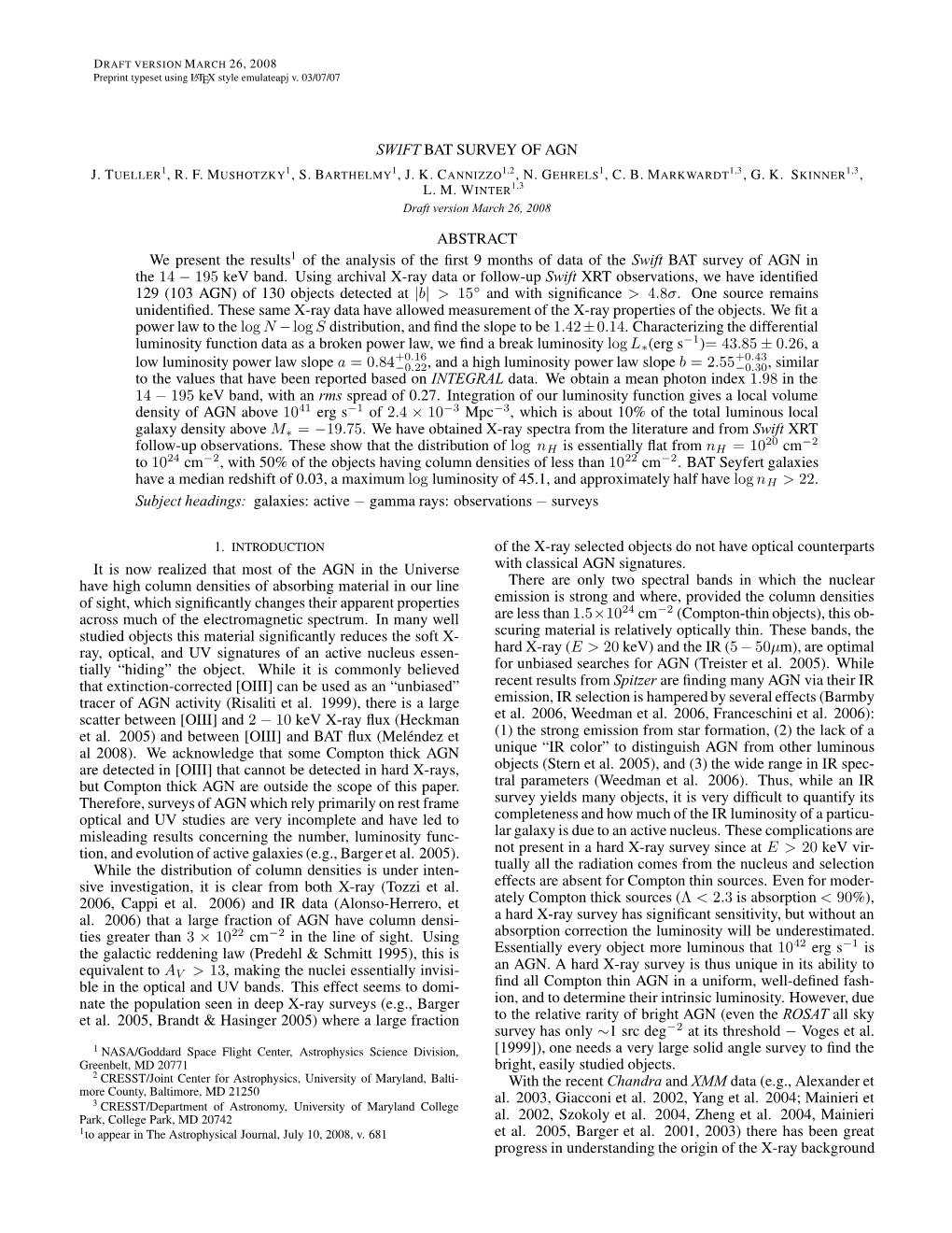 Swift Bat Survey of Agn