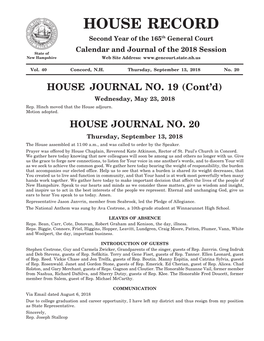 HOUSE RECORD Second Year of the 165Th General Court Calendar and Journal of the 2018 Session State of New Hampshire Web Site Address