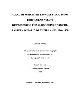 Dispossessing the Algonquins of South- Eastern Ontario of Their Lands
