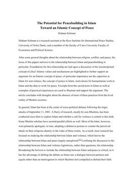 The Potential for Peacebuilding in Islam Toward an Islamic Concept of Peace Hisham Soliman