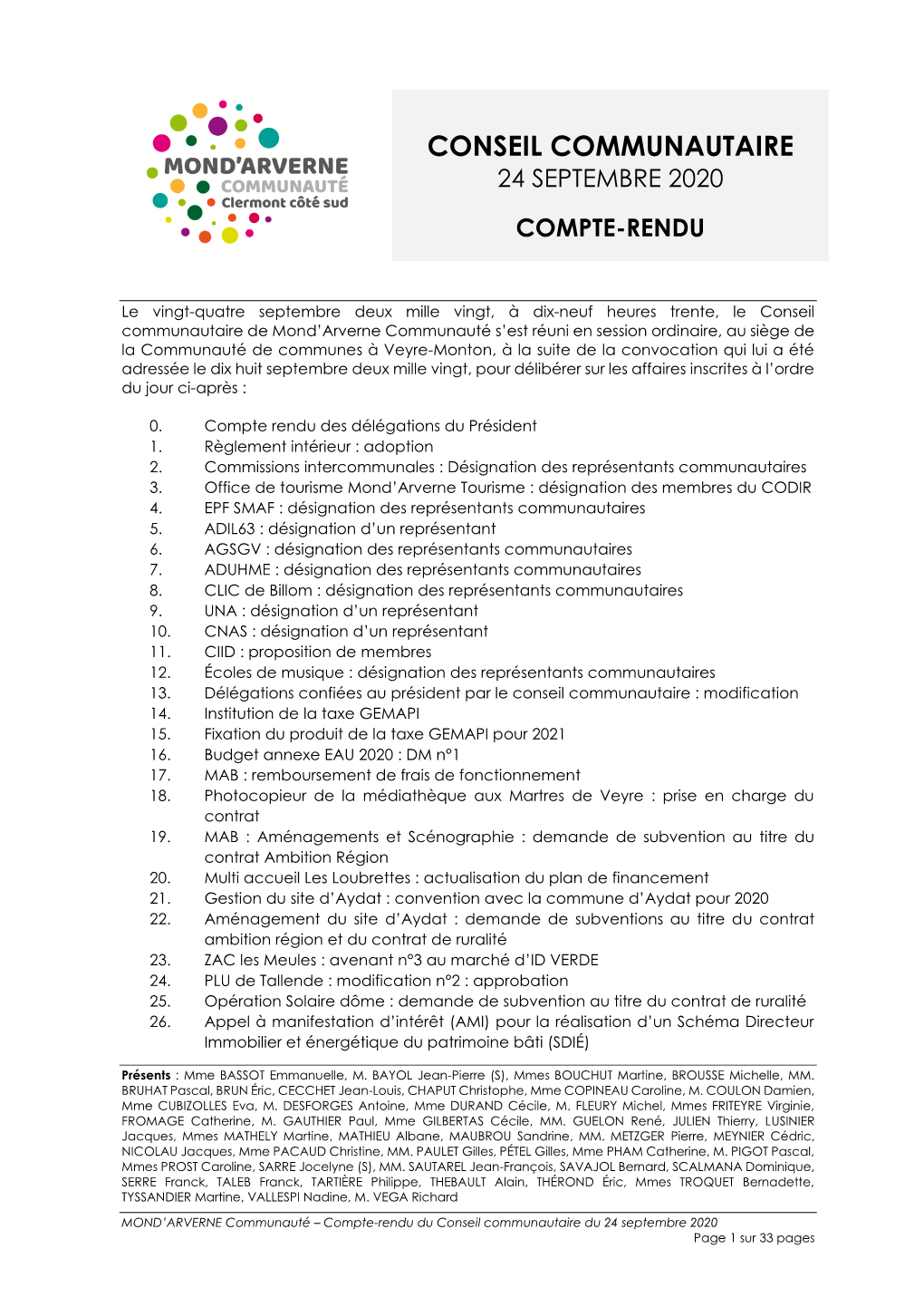 Conseil Communautaire 24 Septembre 2020