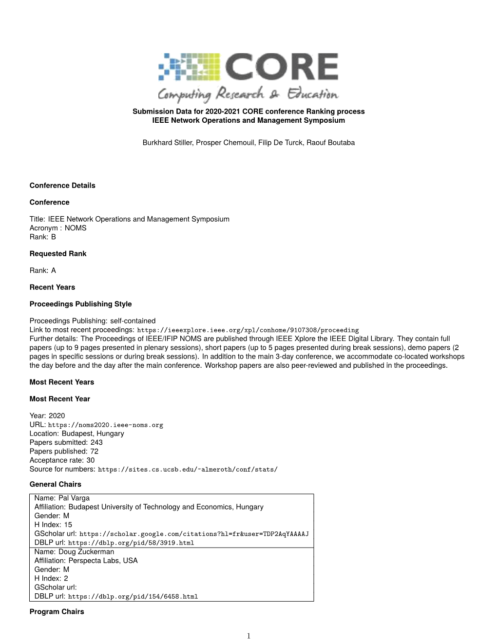 Submission Data for 2020-2021 CORE Conference Ranking Process IEEE Network Operations and Management Symposium