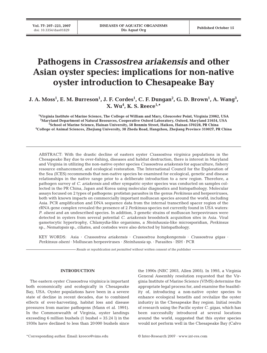 Pathogens in Crassostrea Ariakensis and Other Asian Oyster Species: Implications for Non-Native Oyster Introduction to Chesapeake Bay