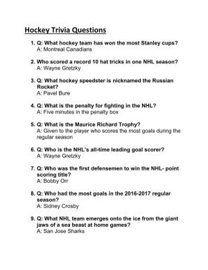 Hockey Trivia Questions