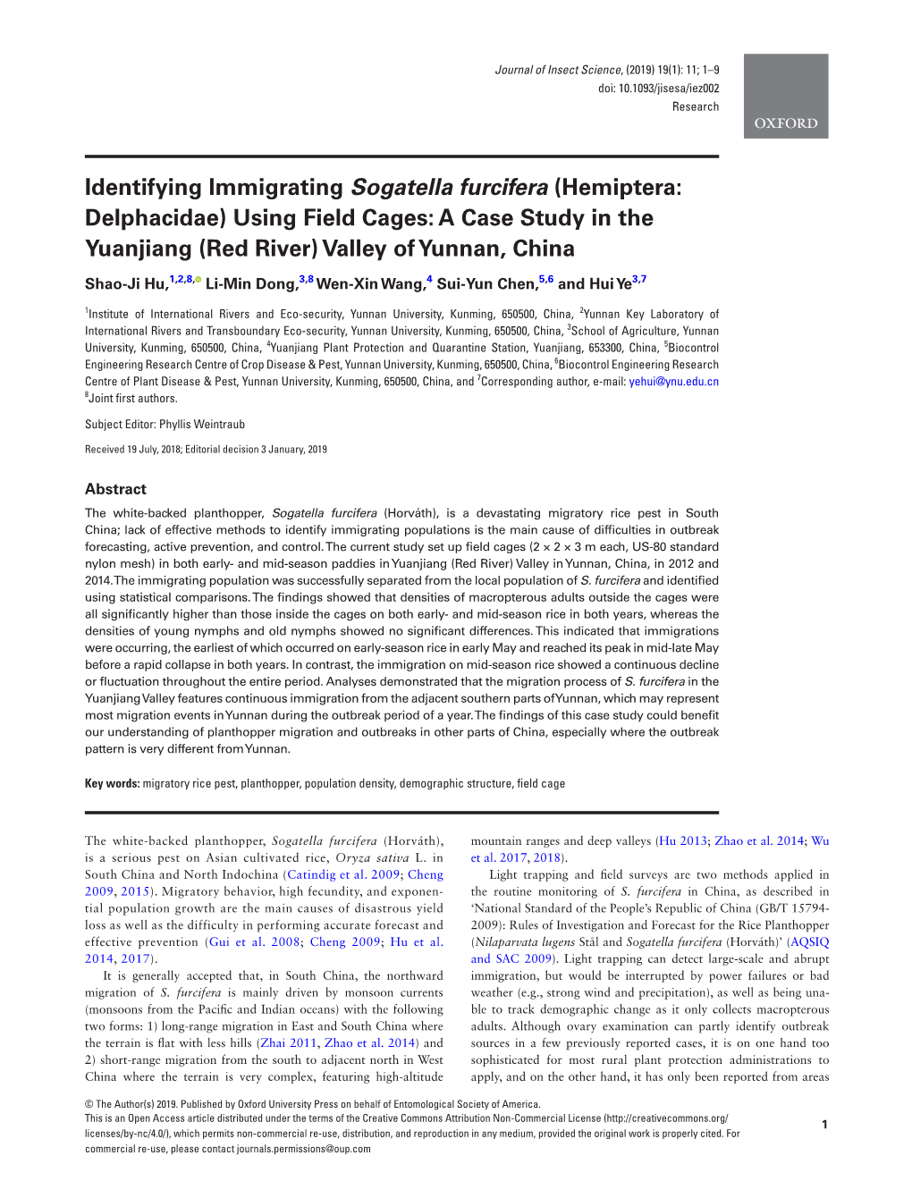 Identifying Immigrating Sogatella Furcifera (Hemiptera: Delphacidae) Using Field Cages: a Case Study in the Yuanjiang (Red River) Valley of Yunnan, China