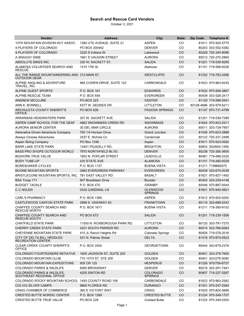 Search and Rescue Card Vendors October 3, 2021