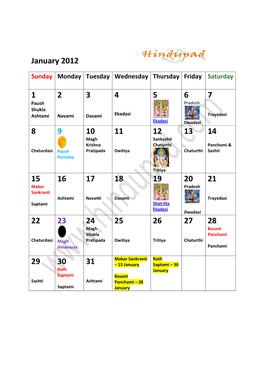 2012 Calendar Format North India
