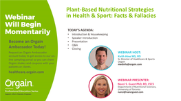 Plant-Based Nutritional Strategies in Health & Sport