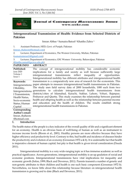 Intergenerational Transmission of Health: Evidence from Selected Districts Of