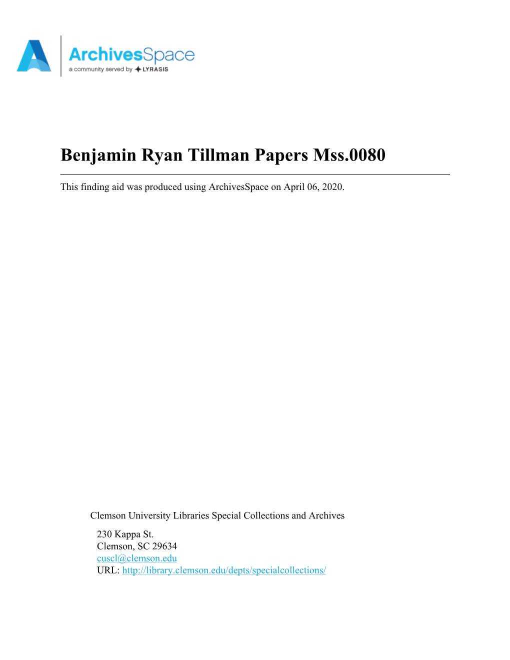 Benjamin Ryan Tillman Papers Mss.0080