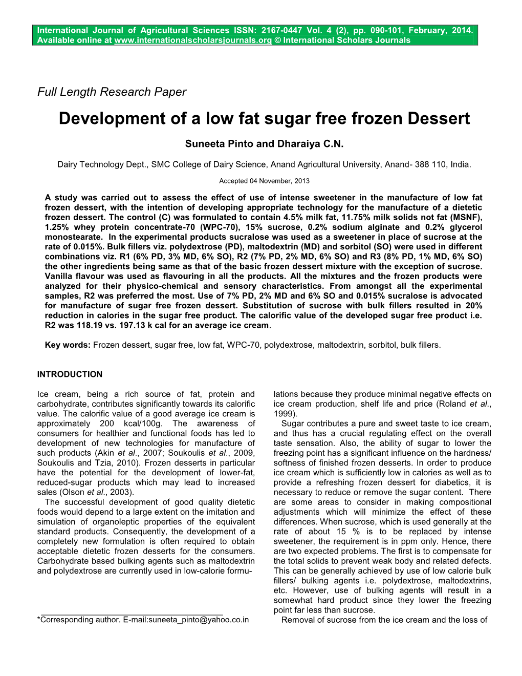 Development of a Low Fat Sugar Free Frozen Dessert