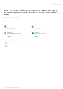 Growth and Survival of the Winged Pearl Oyster Pteria Sterna (Gould, 1851) in Suspended Culture in the Tropical Eastern Paciﬁc: Inﬂuence of Environmental Factors