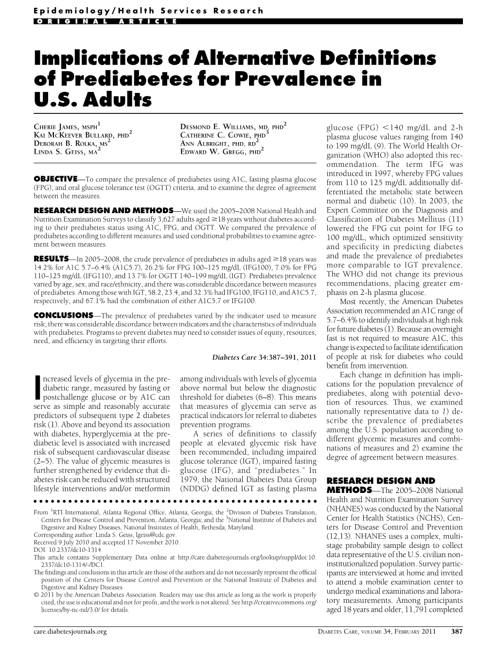 Implications of Alternative Definitions of Prediabetes for Prevalence In