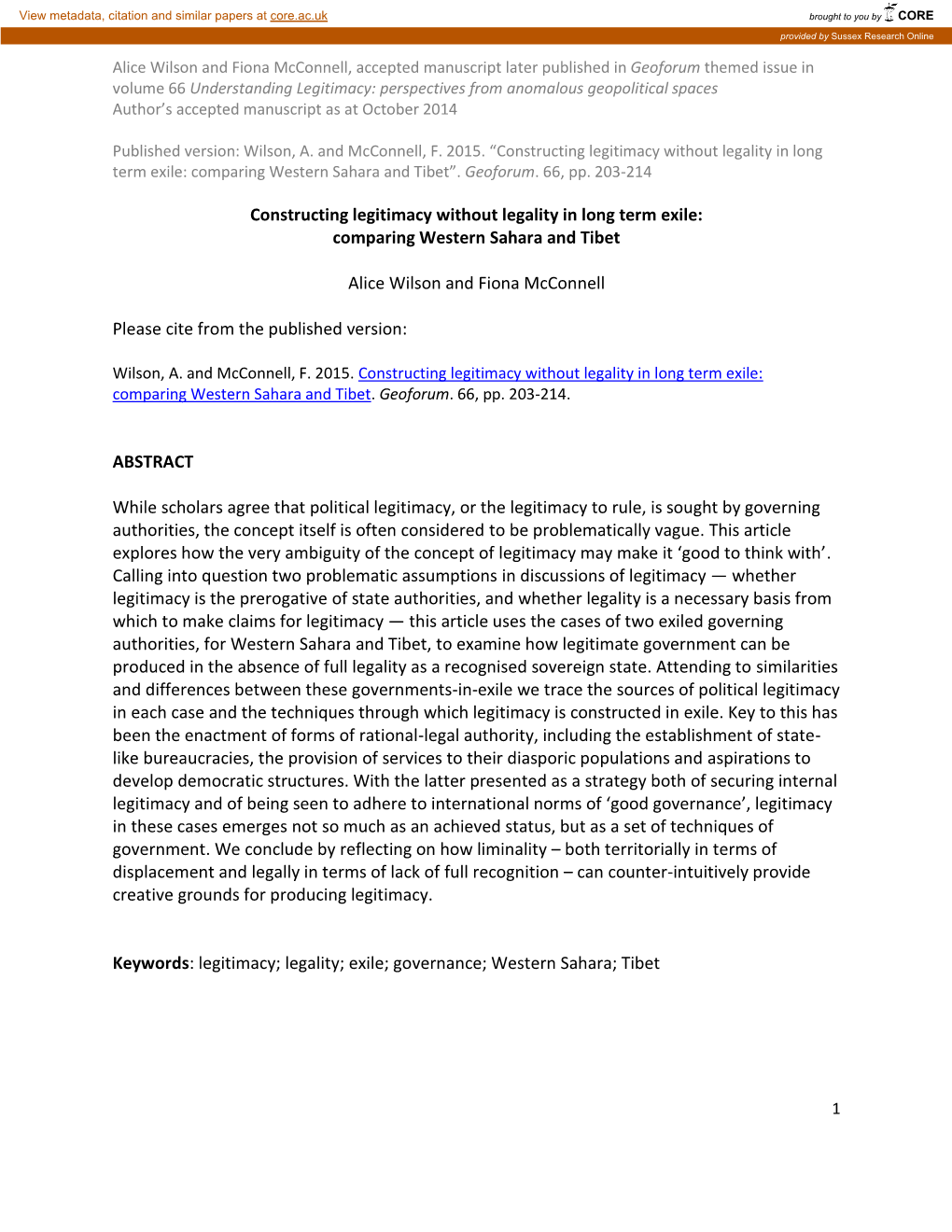 Constructing Legitimacy Without Legality in Long Term Exile: Comparing Western Sahara and Tibet”