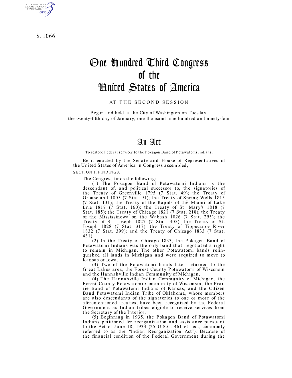 One Hundred Third Congress of the United States of America