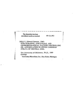 Stratigraphic, Structural and Geomorphological Factors Controlling Oil Accumulation in Upper Cambrian ■ Strata of Central Ohio