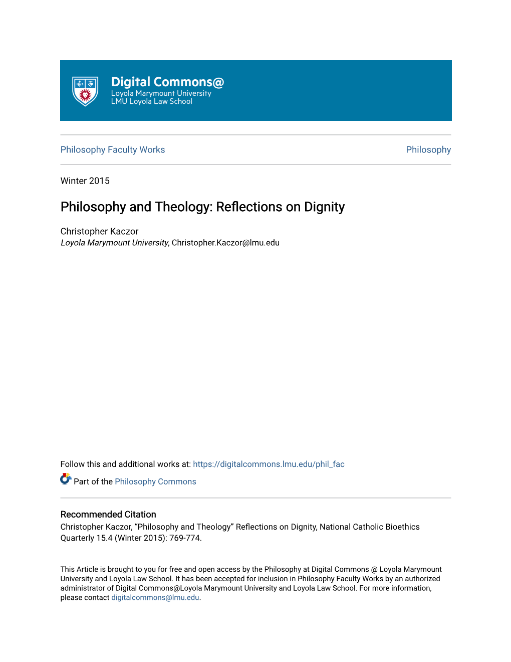 Philosophy and Theology: Reflections on Dignity