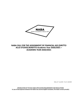 NABA CALL for the ASSIGNMENT of FINANCIAL AID (DIRITTO ALLO STUDIO) BENEFITS Academic Year 2020/2021 – ACADEMIC YEAR 2020/2021